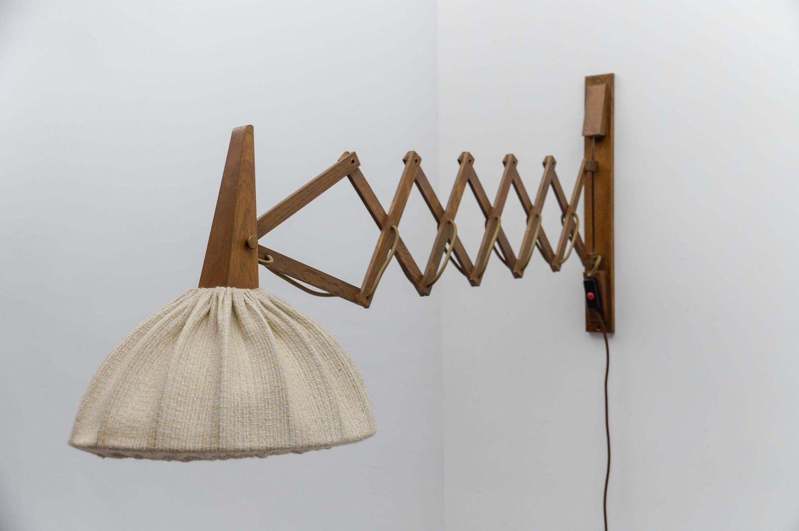 Scandinavian Scissor Wall Lamp In Wood And Fabric, 1960s photo vinterior
