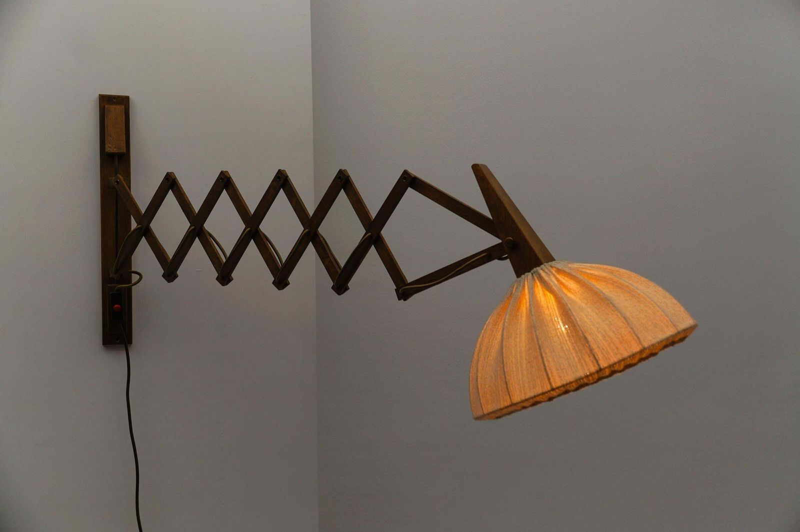 Scandinavian Scissor Wall Lamp In Wood And Fabric, 1960s photo buy