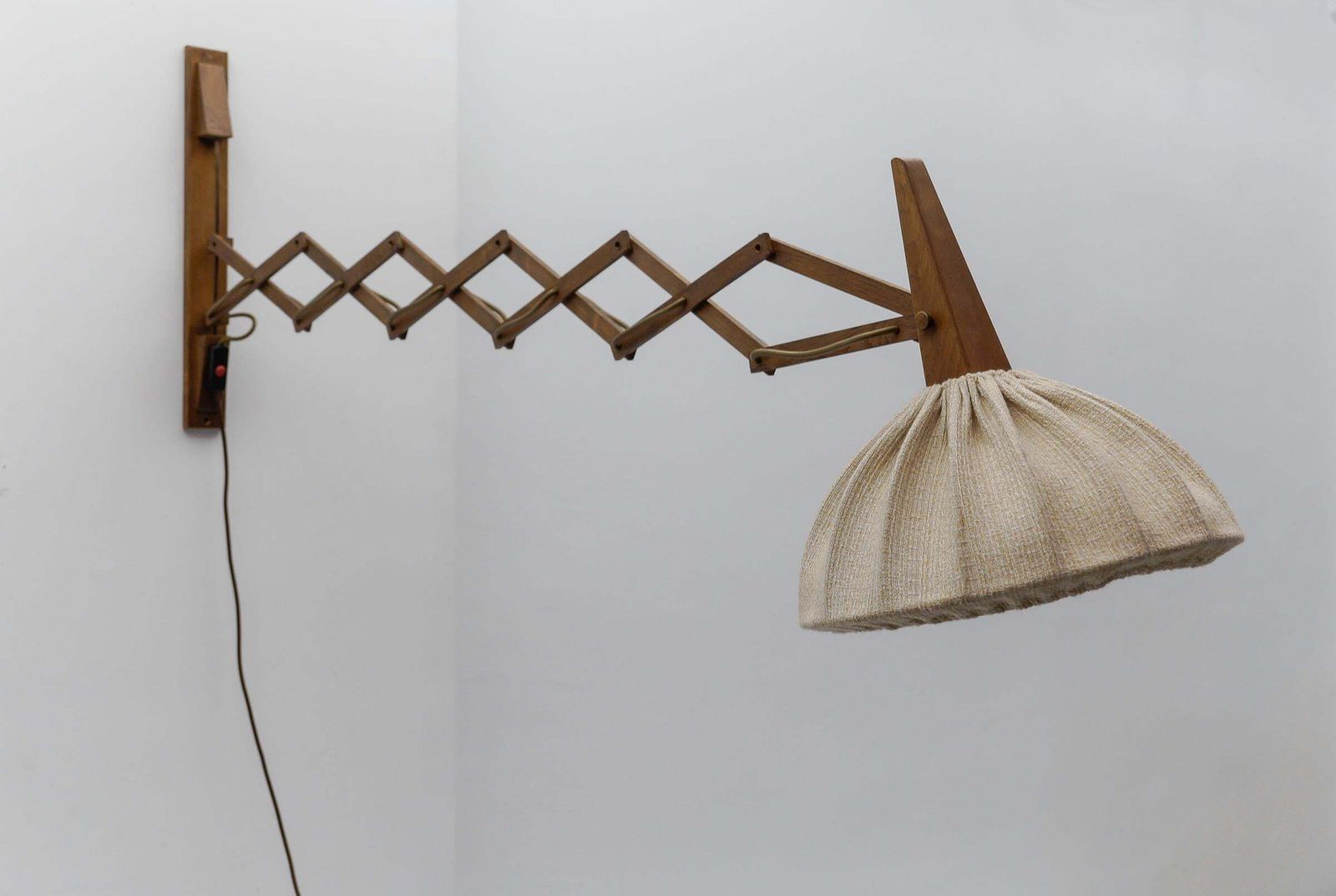 Lighting Scandinavian Scissor Wall Lamp In Wood And Fabric, 1960s photo