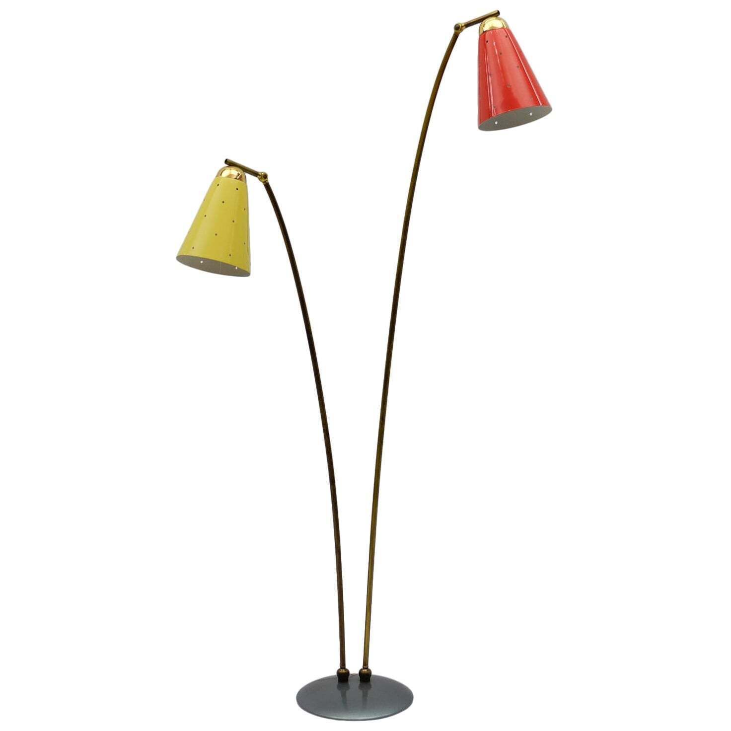 Awesome Double Mid Century Modern Brass & Perforated Metal Floor Lamp, 1950s