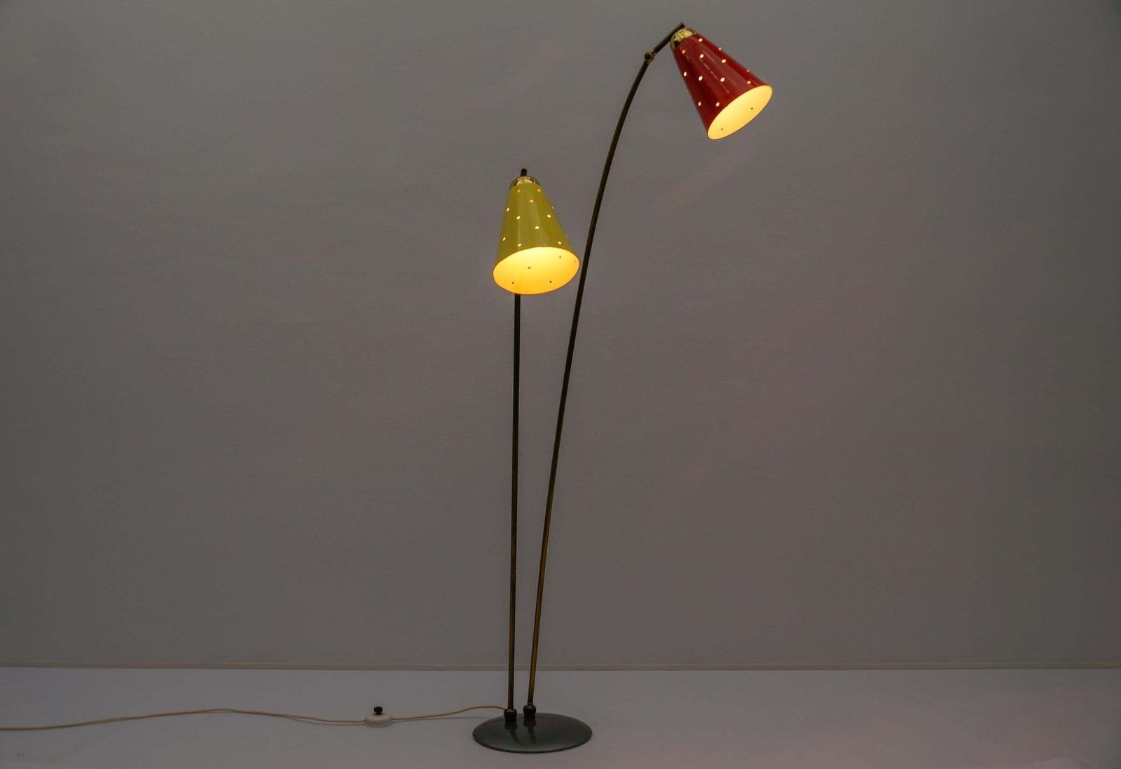 photo furniture Awesome Double Mid Century Modern Brass & Perforated Metal Floor Lamp, 1950s