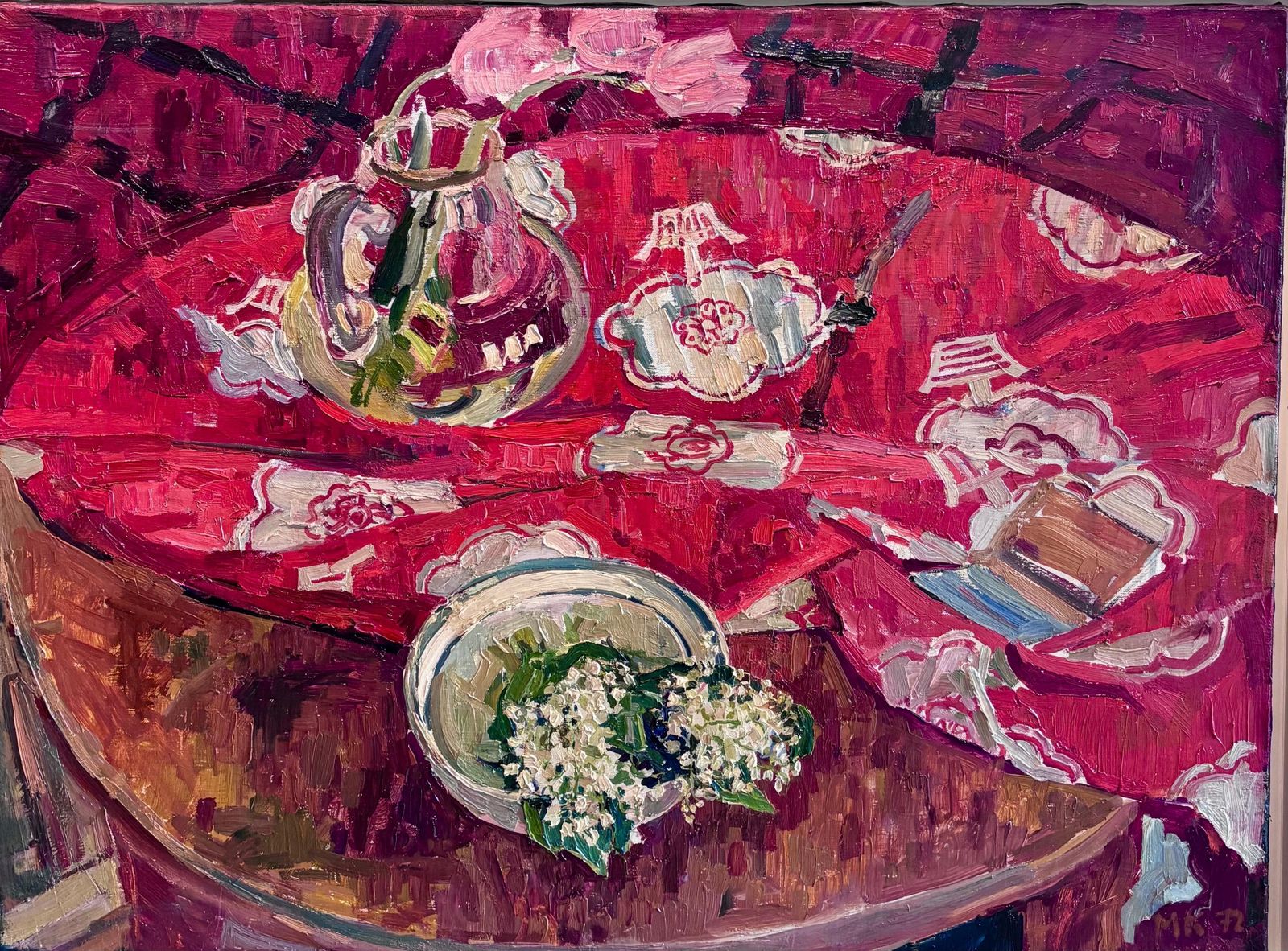 Maya Kopitzeva"Natura Morta Con Mughetti E Tovaglia Rossa" Olio Su Tela Cm. 85 X 64 19791979 photo furniture