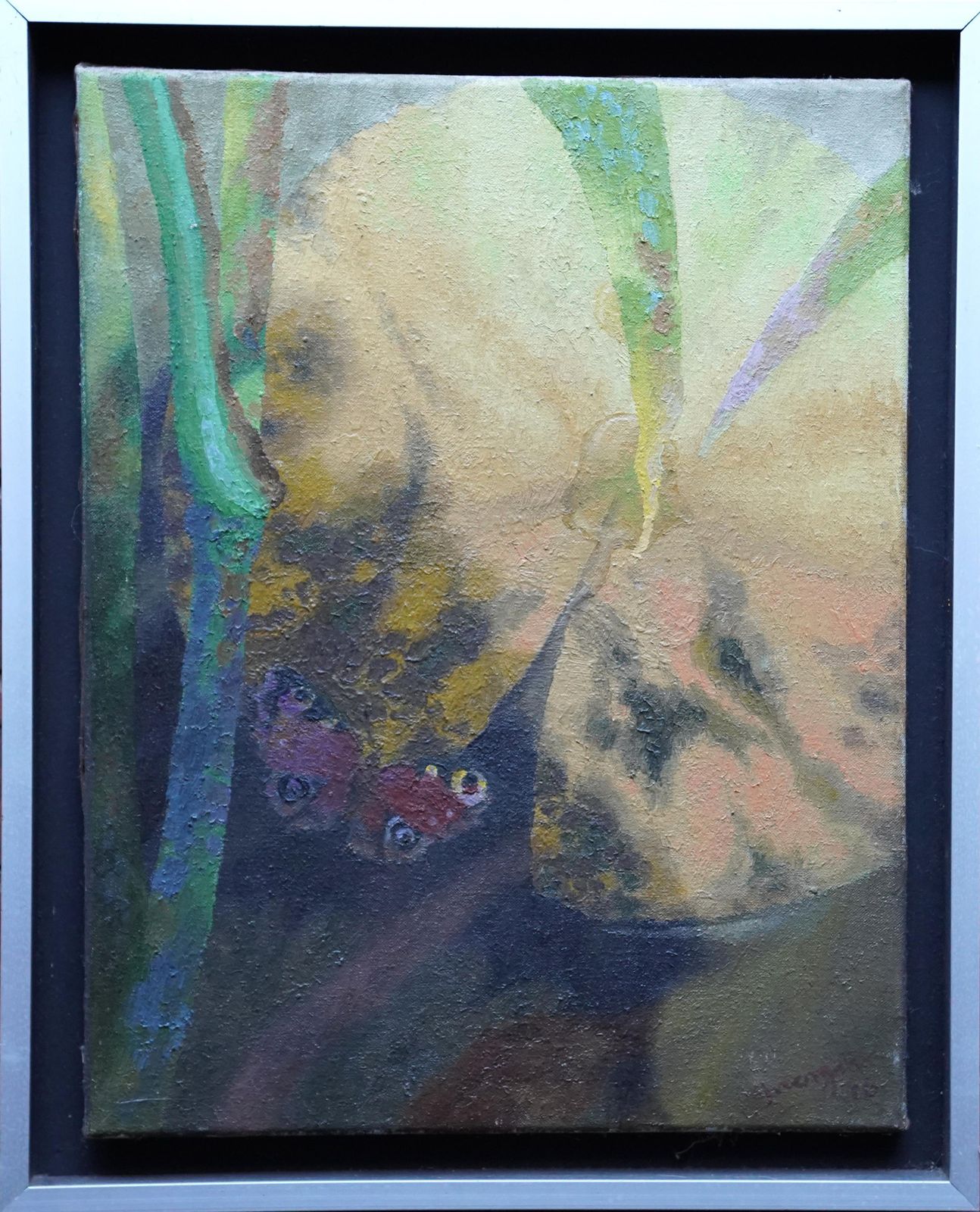 Glyn Morganbutterfly And Yellow Flower   Welsh Post Impressionist 70's Art Oil Painting1976