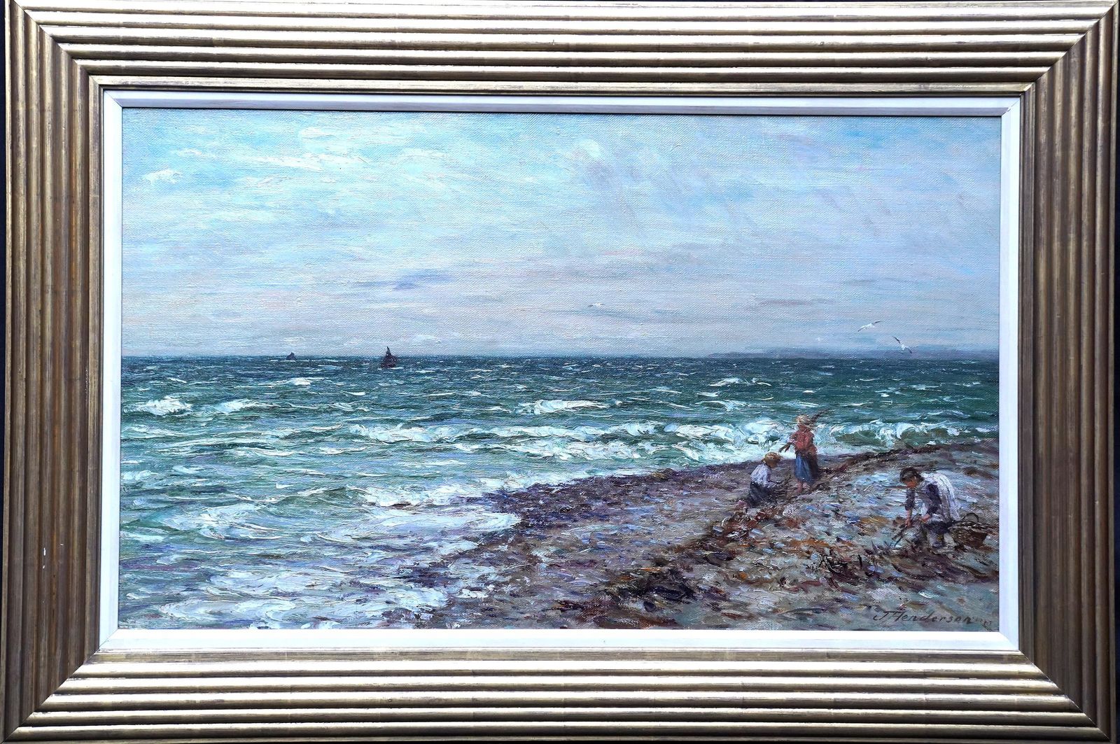 7135.0 Joseph Hendersoncoastal Seascape With Children   Scottish Victorian Figurative Art Oil Paintingcirca 1880 photo