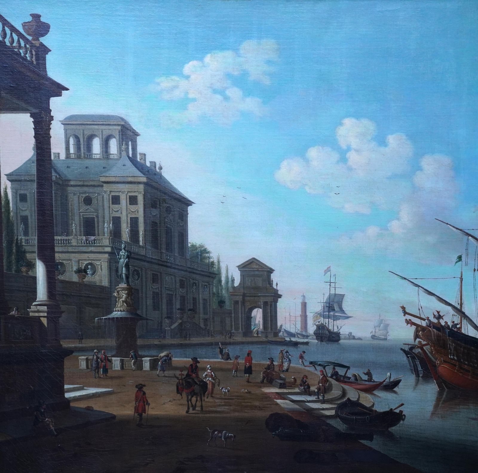 Italian Harbour With Figures On Quay   Italian 18thc Art Marine Oil Paintingcirca 1700 photo furniture