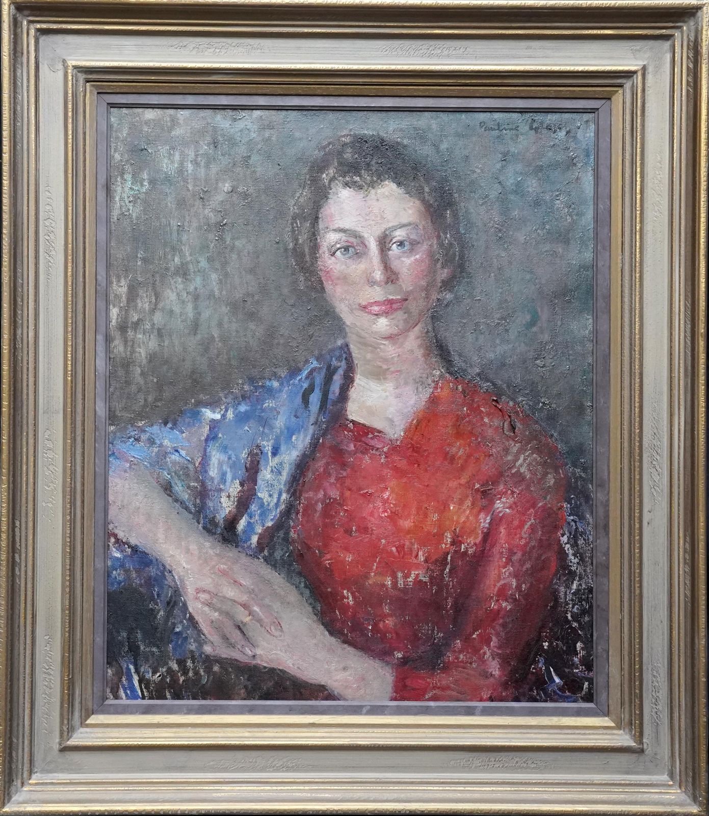 photo for sale Pauline Glassportrait Of Sybyl In Red   British Post Impressionist 1950's Art Oil Paintingcirca 1950