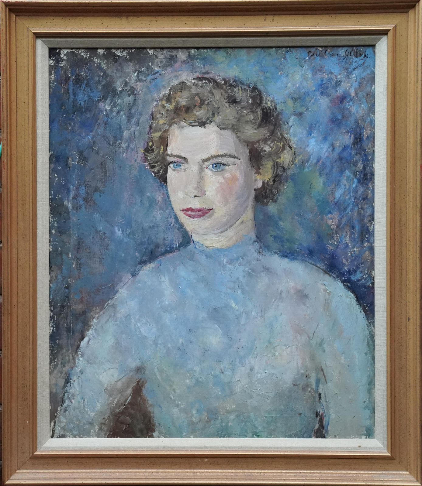 Pauline Glassportrait Of A Lady In Blue   British Post Impressionist 50's Art Oil Paintingcirca 1950