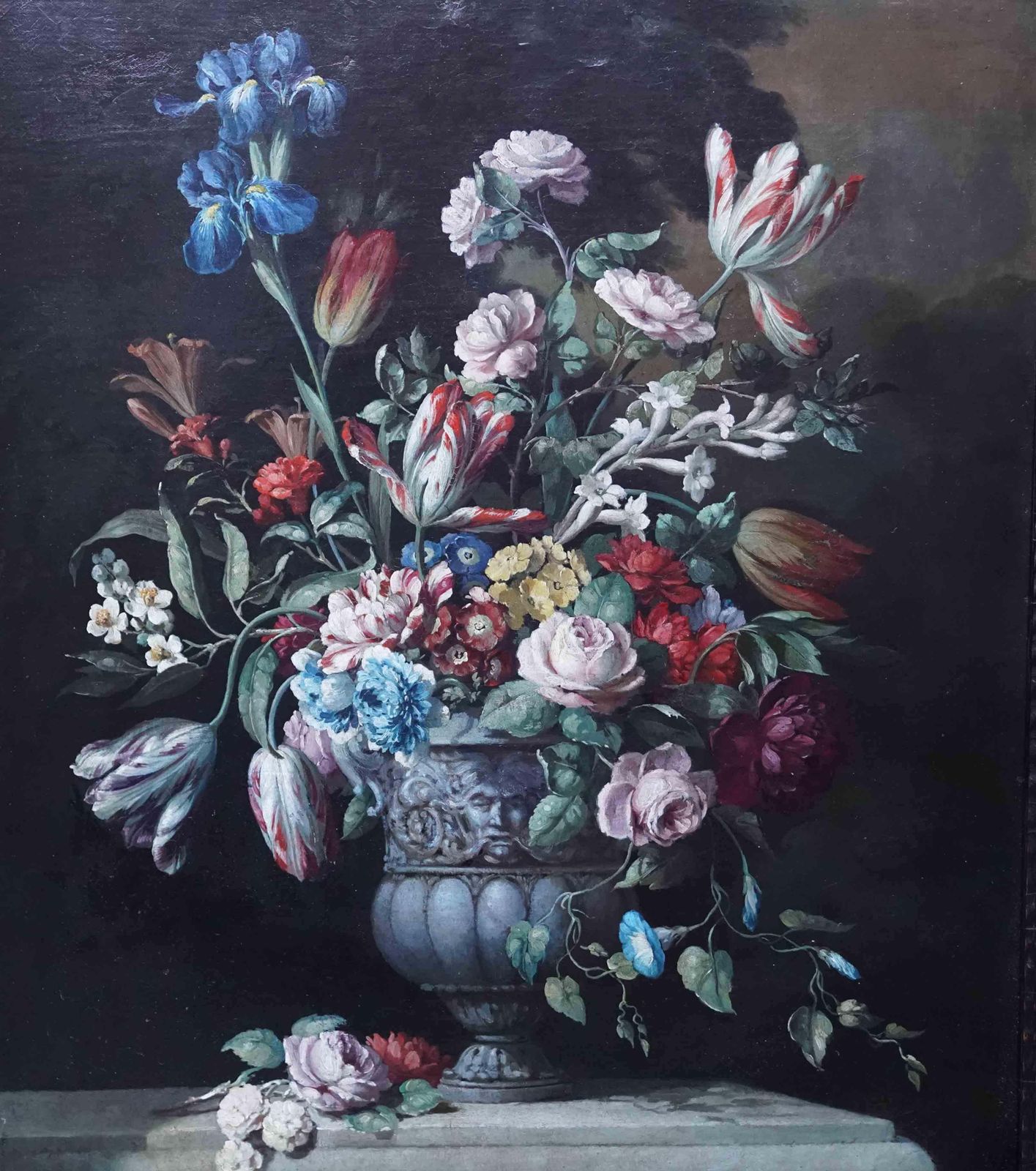 Still Life Of Flowers In Ornamental Urn On Ledge   Dutch Old Master Oil Paintingcirca 1790 photo for sale