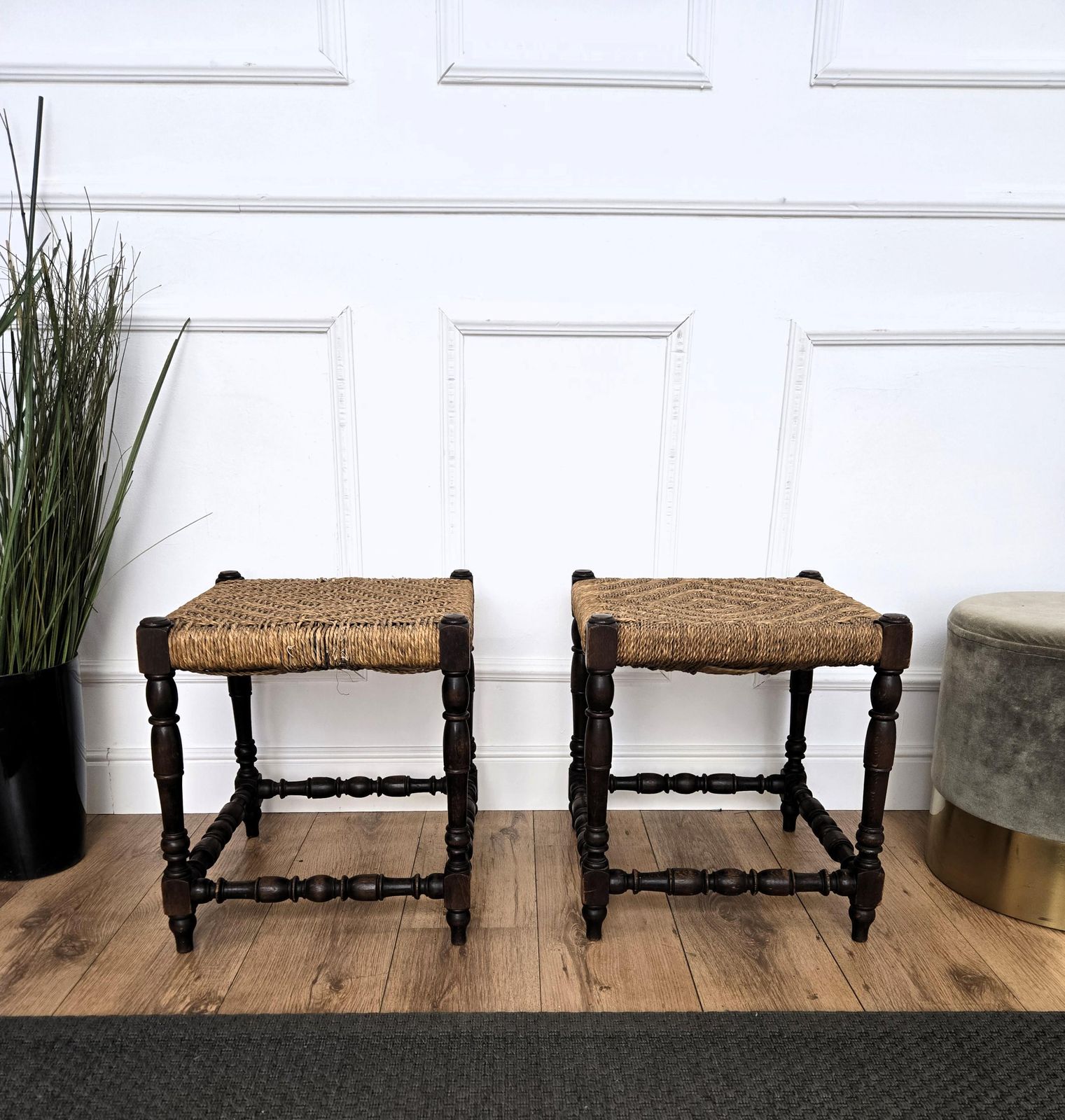Pair Of 1960s Italian Midcentury Carved Wood And Cord Woven Rope Stools photo furniture