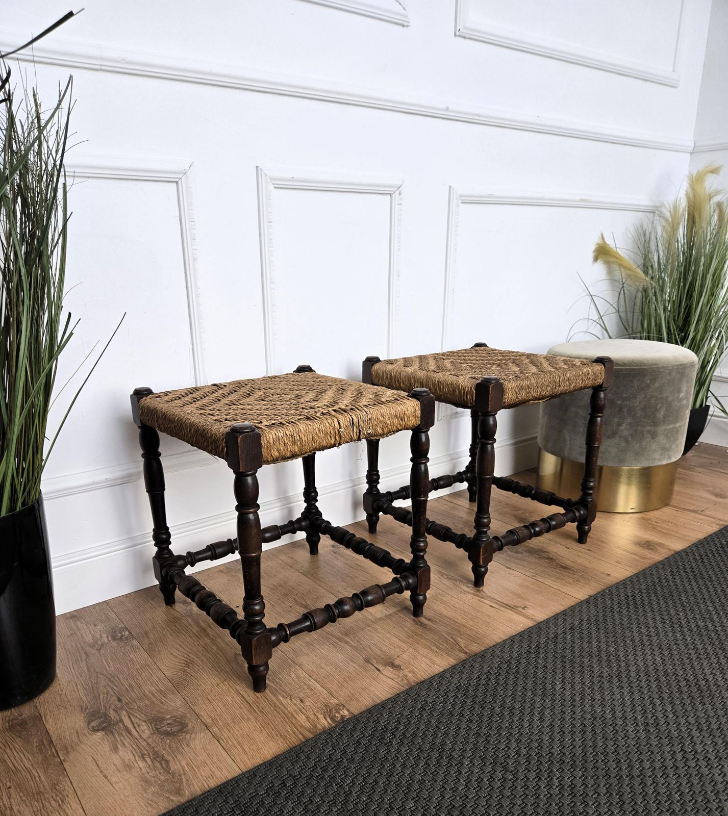 Pair Of 1960s Italian Midcentury Carved Wood And Cord Woven Rope Stools photo for sale