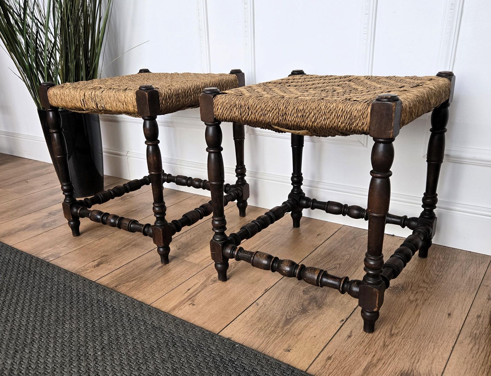 Pair Of 1960s Italian Midcentury Carved Wood And Cord Woven Rope Stools photo 1040.0