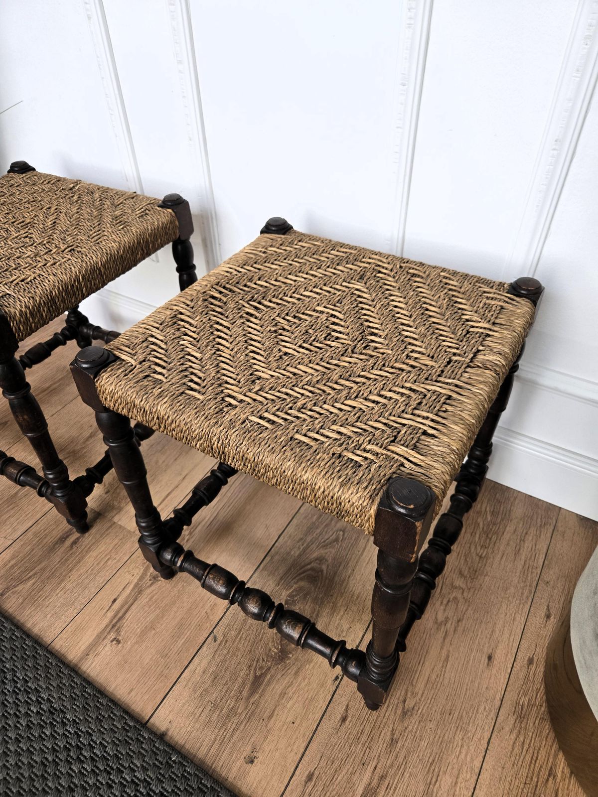 Pair Of 1960s Italian Midcentury Carved Wood And Cord Woven Rope Stools photo vintage