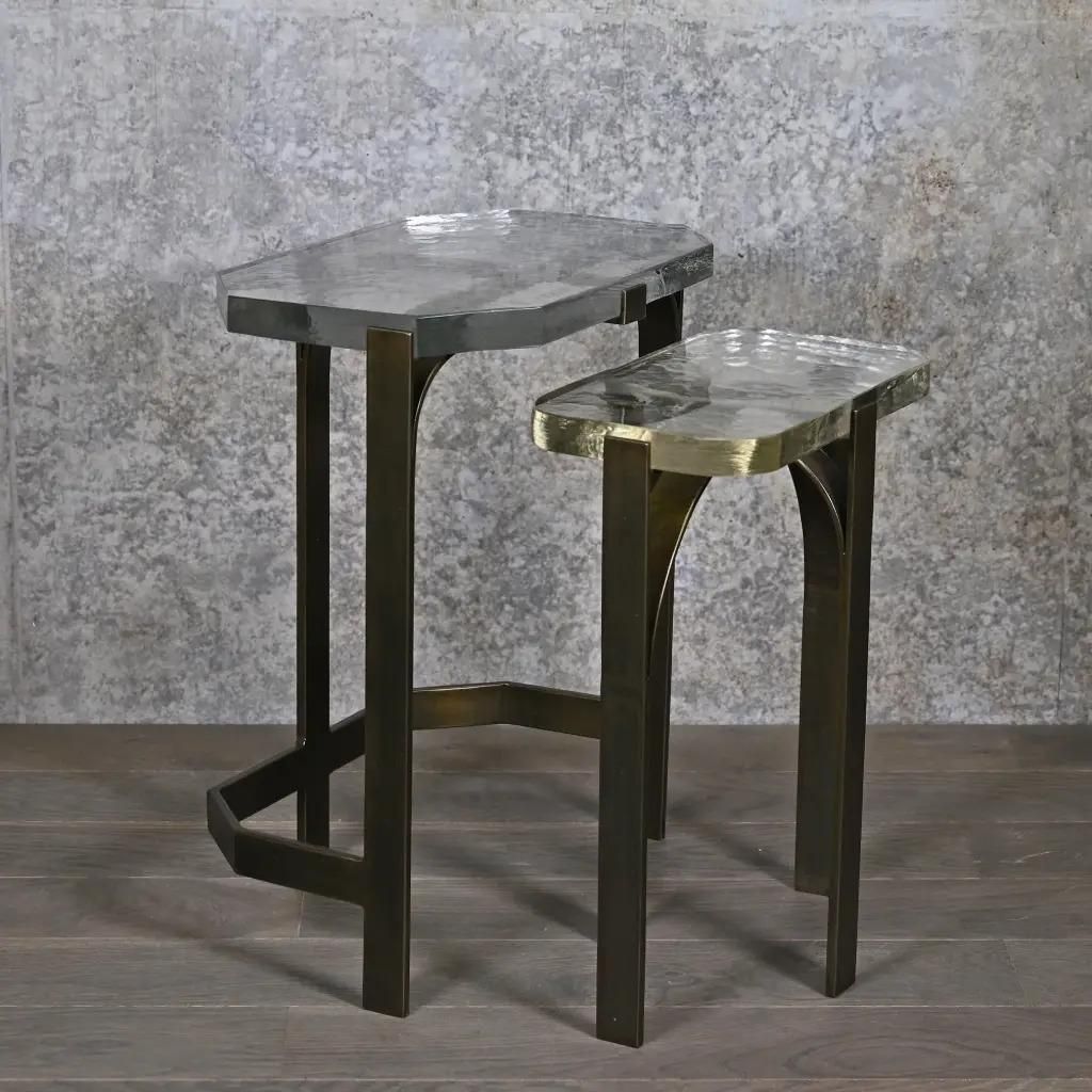 Brutalist Glass Nesting Tables In Patinated Steel, 1950s Inspired photo furniture