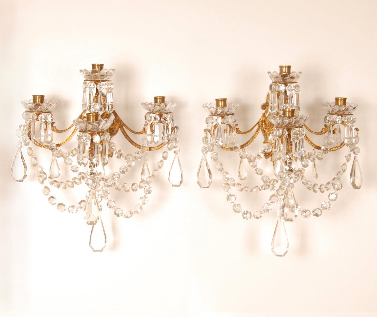 Antique French Crystal 4 Light Wall Sconces In The Style Of Baccarat, Set Of 2