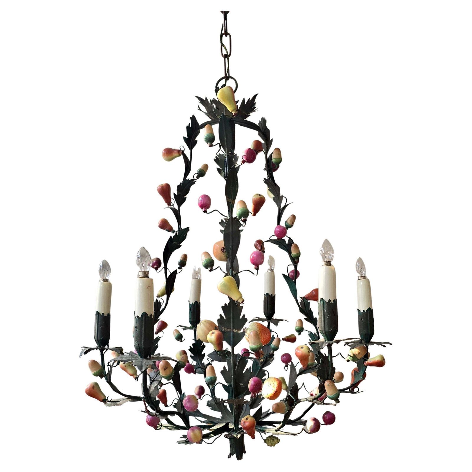 Italian 1950s Tole Fruit Chandelier, Florentine Hollywood Regency Style photo for sale