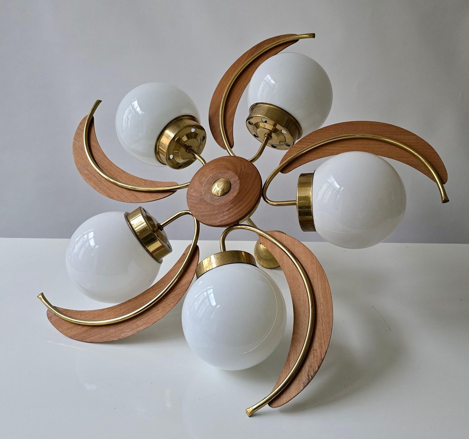 Mid Century Modern Brass, Wood & Opaline Glass Globe Chandelier, 1960s photo buy