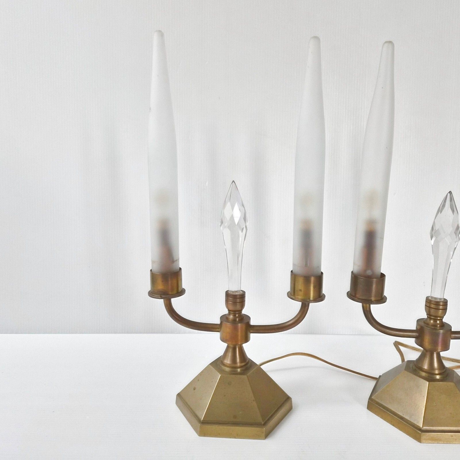 Pair Of Vintage 1950s Brass & Glass 1950s Art Deco Style Candle Lamps photo for sale