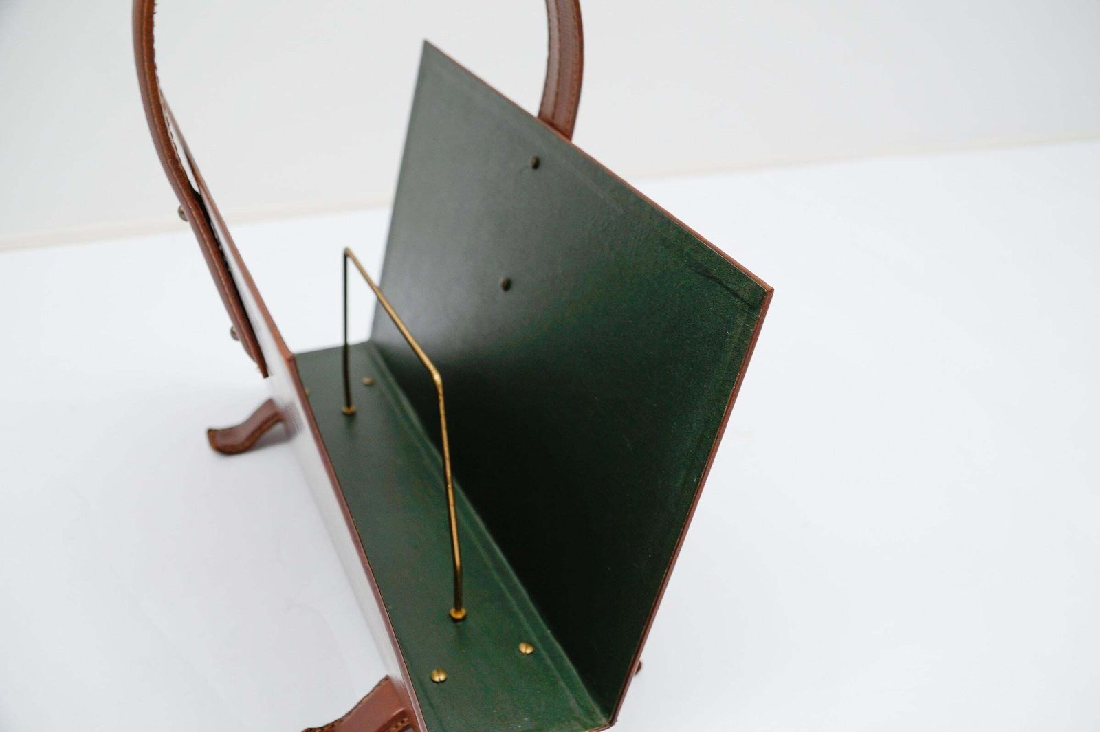 Jacques Adnet Magazine Rack Made In Leather And Brass, 1950s photo vintage