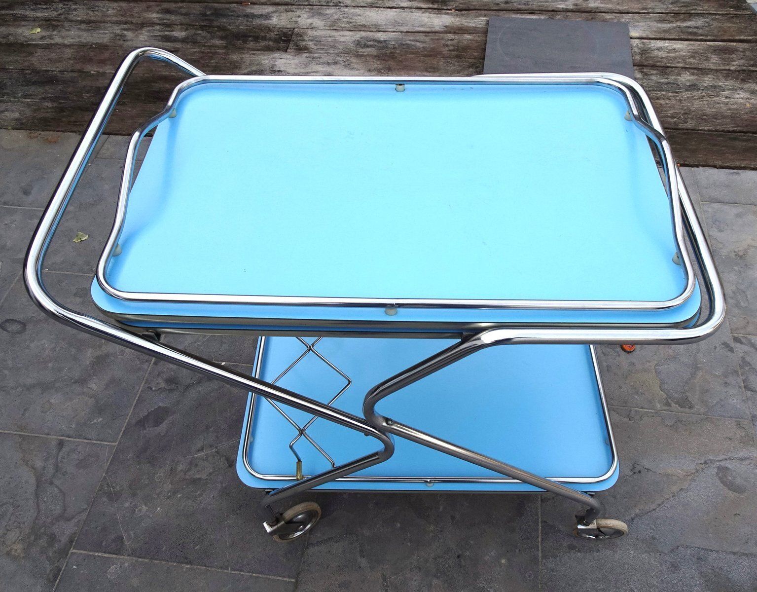 Bleu Formica And Chrome Plated Trolley With Removable Serving Tray From Torck, 1950s photo Furniture