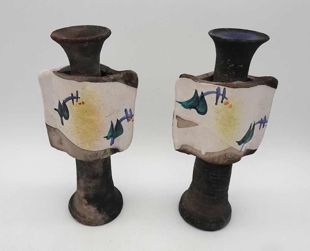 photo for sale Mid Century Brutalist Ceramic Vases Or Candleholders, 1980s, Set Of 2