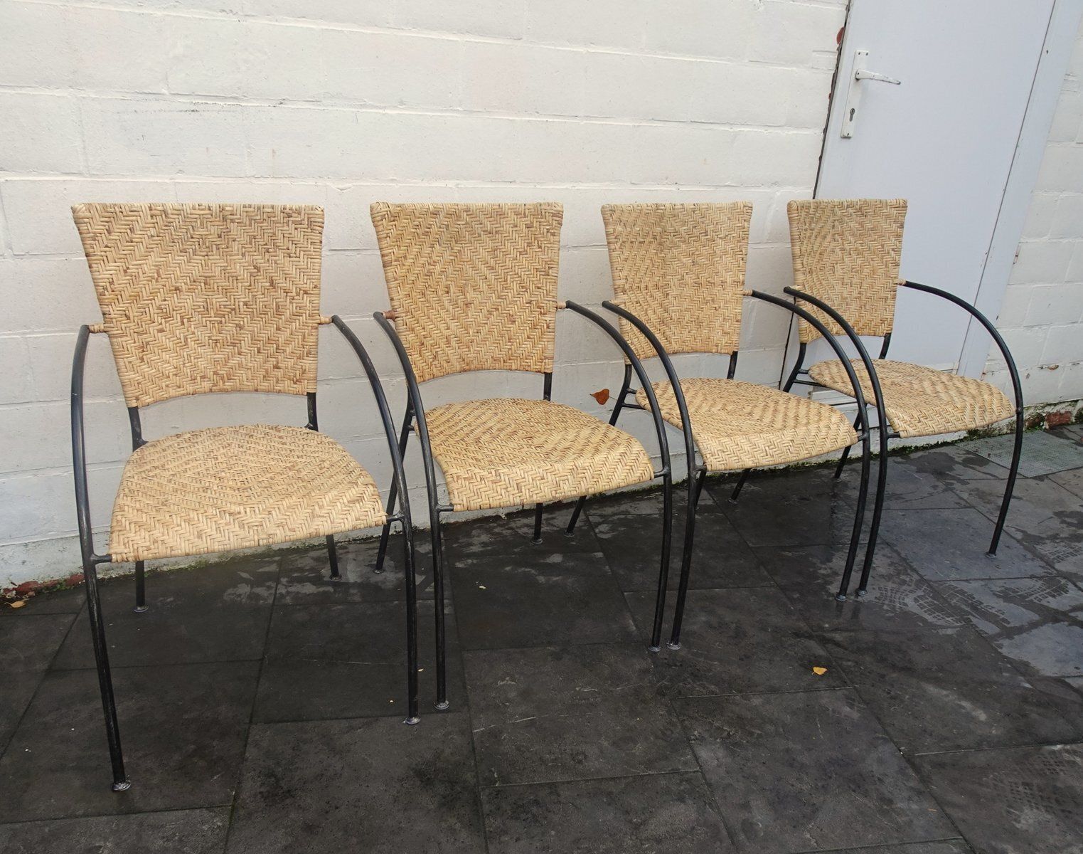 Vintage Italian Stackable Chairs In Rattan And Metal, 1970s, Set Of 4 photo furniture