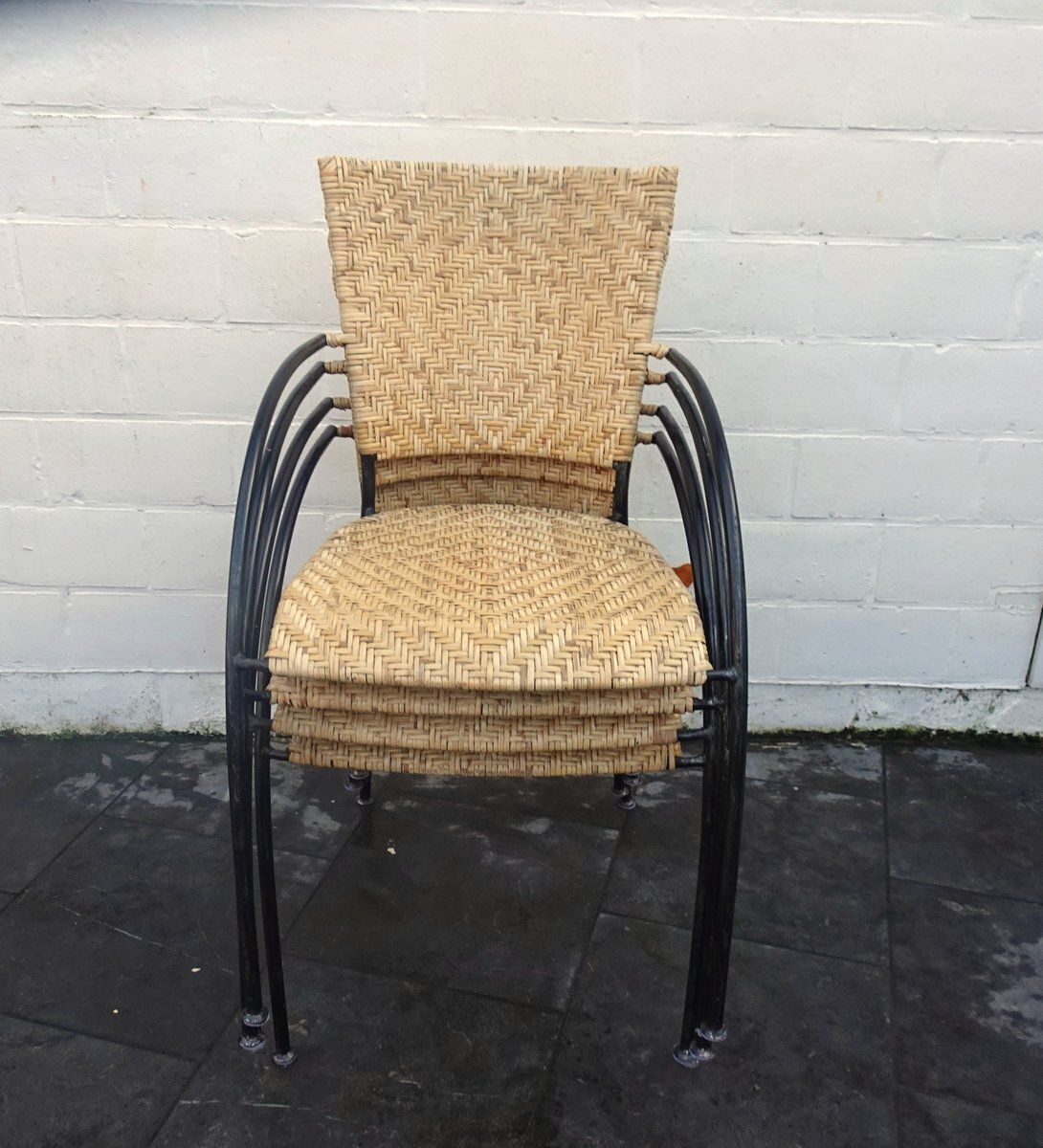 Vintage Italian Stackable Chairs In Rattan And Metal, 1970s, Set Of 4 photo buy