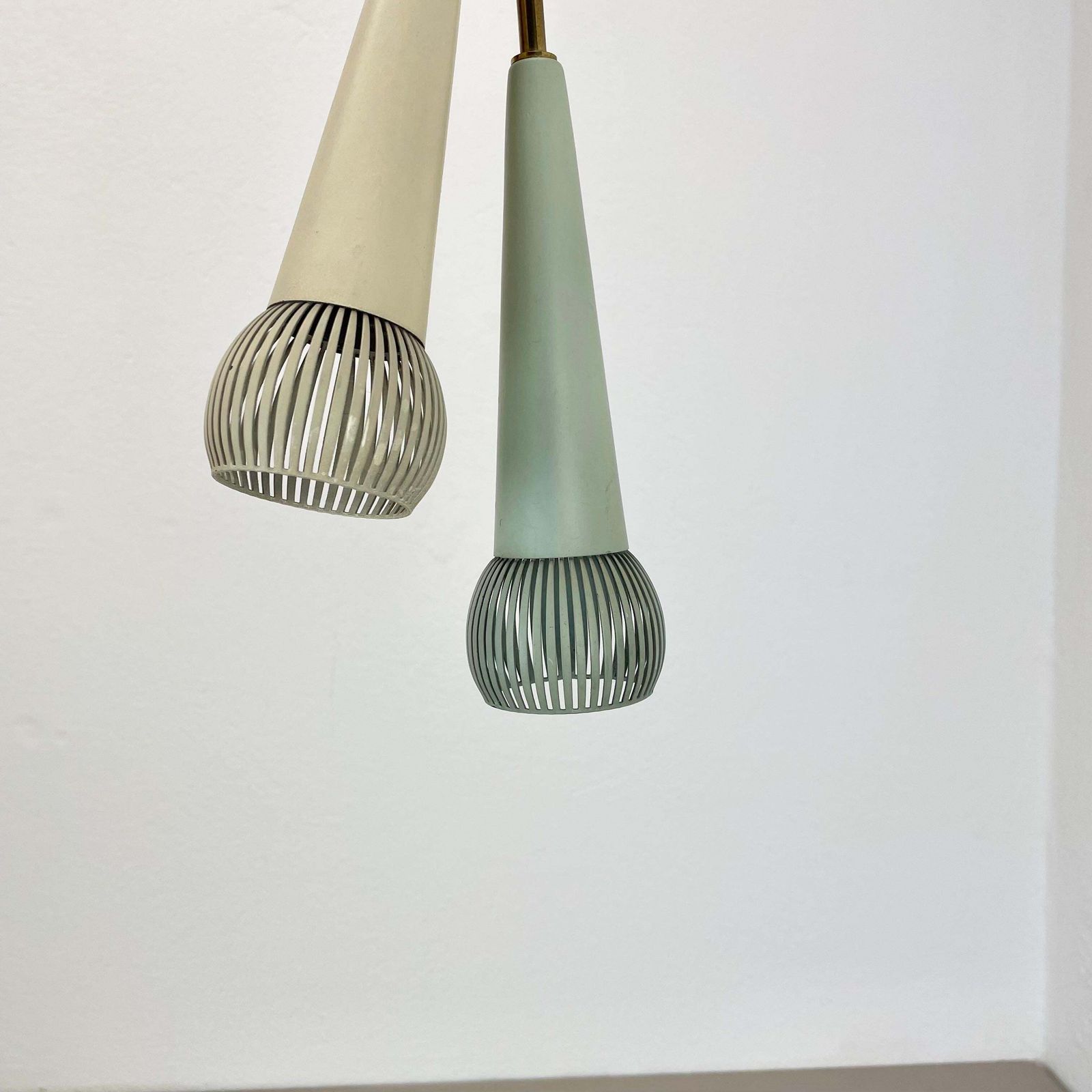Large 92cm Midcentury Stilnovo Style Brass And Metal Hanging Light, Italy 1950 photo Lighting