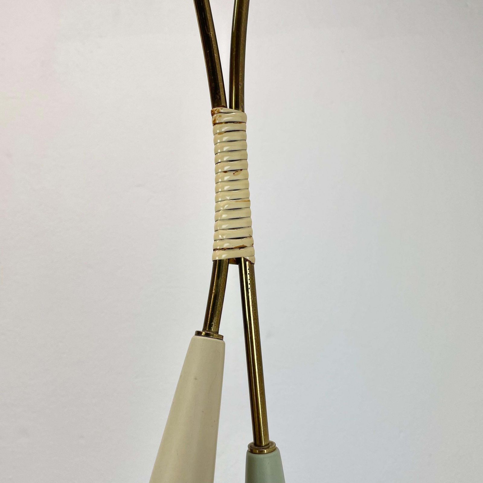 Large 92cm Midcentury Stilnovo Style Brass And Metal Hanging Light, Italy 1950 photo 1387.0