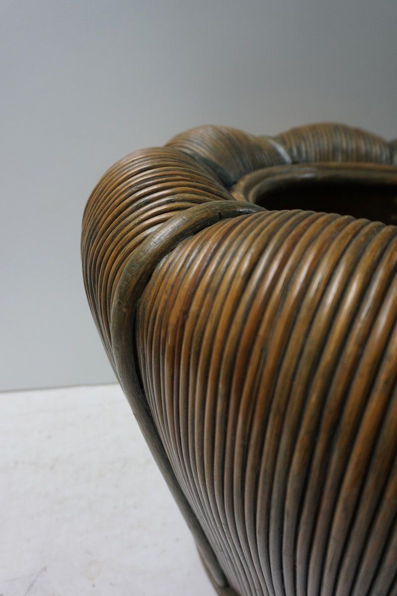 Large Mid Century Modern Rattan Bamboo Cachepot Plant Holder 1970s photo vinterior