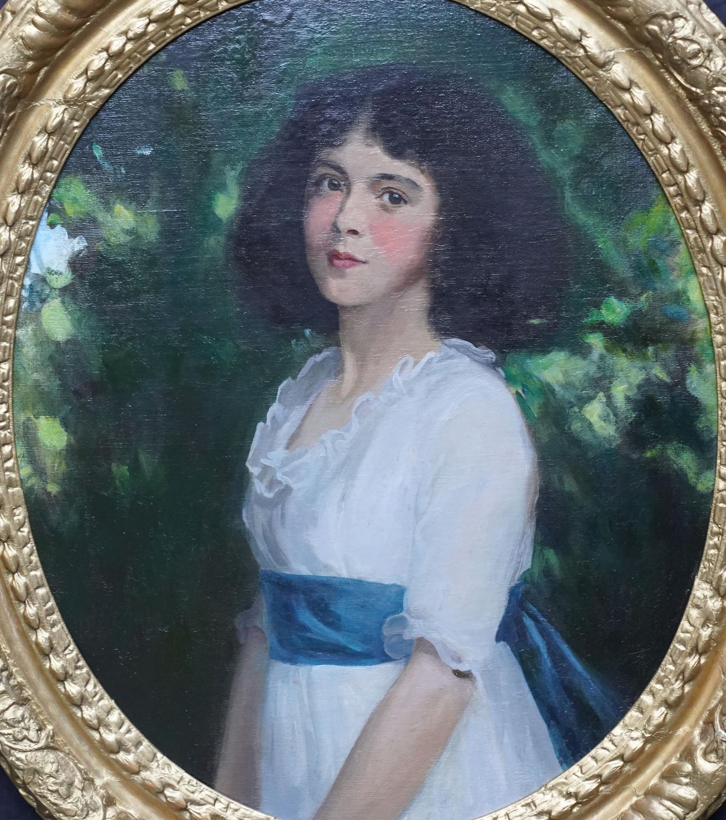 George Harcourtoval Portrait Of Girl With Blue Sash   Scottish Edwardian Art Oil Paintingcirca 1910 photo furniture