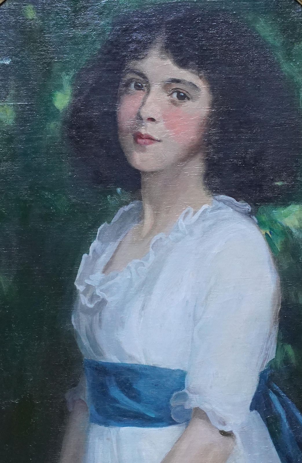 George Harcourtoval Portrait Of Girl With Blue Sash   Scottish Edwardian Art Oil Paintingcirca 1910 photo for sale