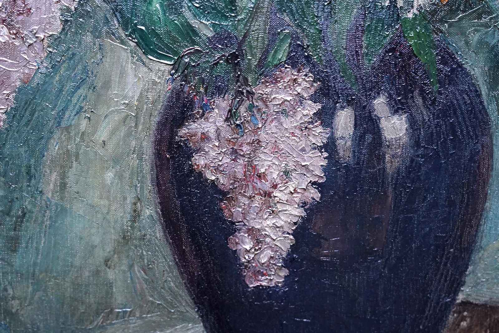 photo for sale Grace Englishflowers In Blue Vase   British Slade School 30s Floral Still Life Oil Painting1930