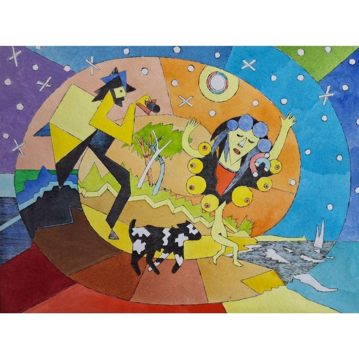 Czeslaw Tumielewicza Walk With Bożena Wahl 1987   Figurative Drypoint Print, Colorful, Polish Art2023 photo for sale