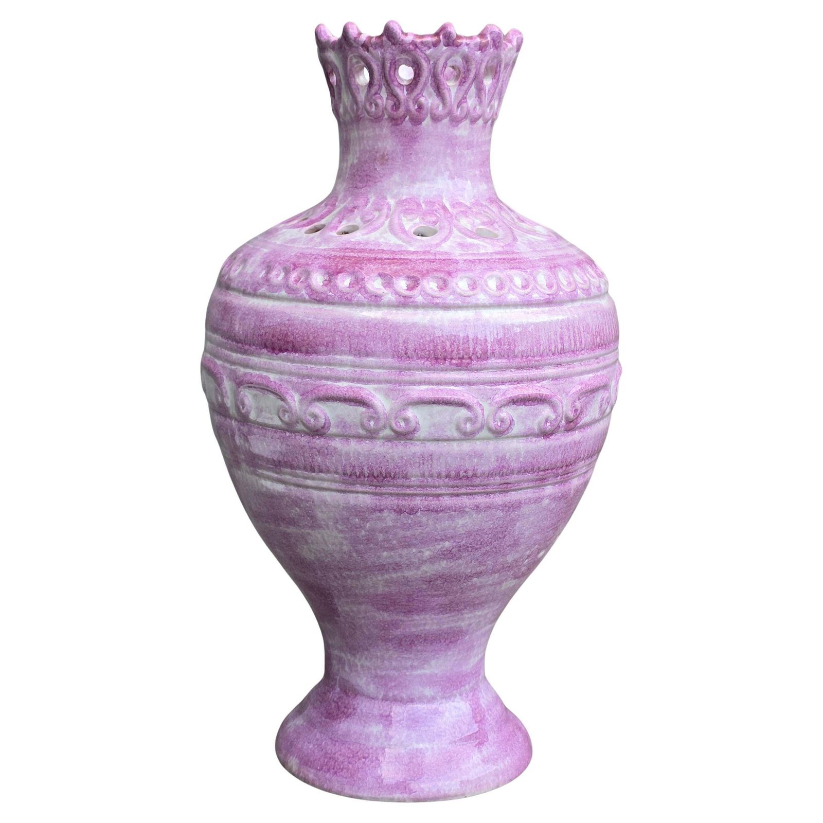 German Mid Century Pierced Art Pottery Vase In Violet Glaze, Circa 1950s