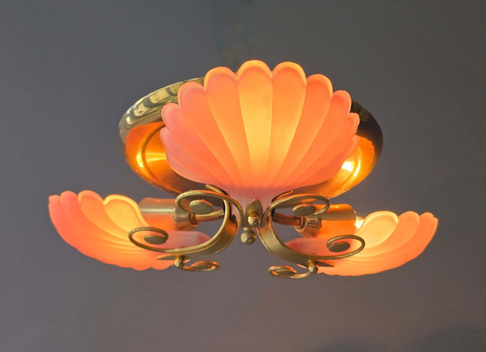 Rare Italian Mid Century Ceiling Light With Pink Shell Glass Shades And Gilt photo vinterior