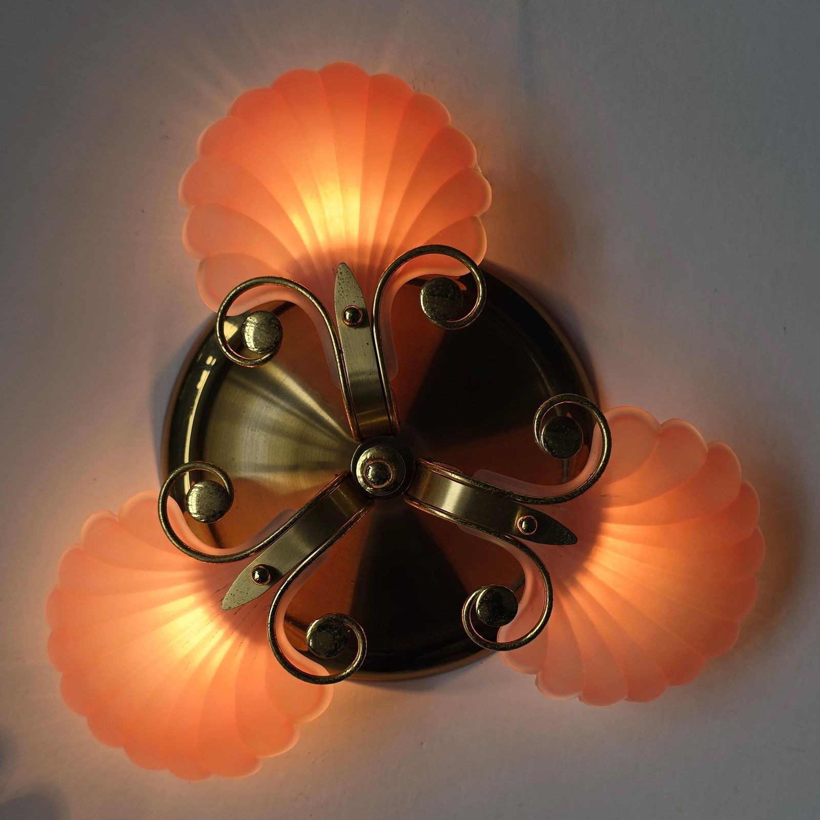 Lighting Rare Italian Mid Century Ceiling Light With Pink Shell Glass Shades And Gilt photo