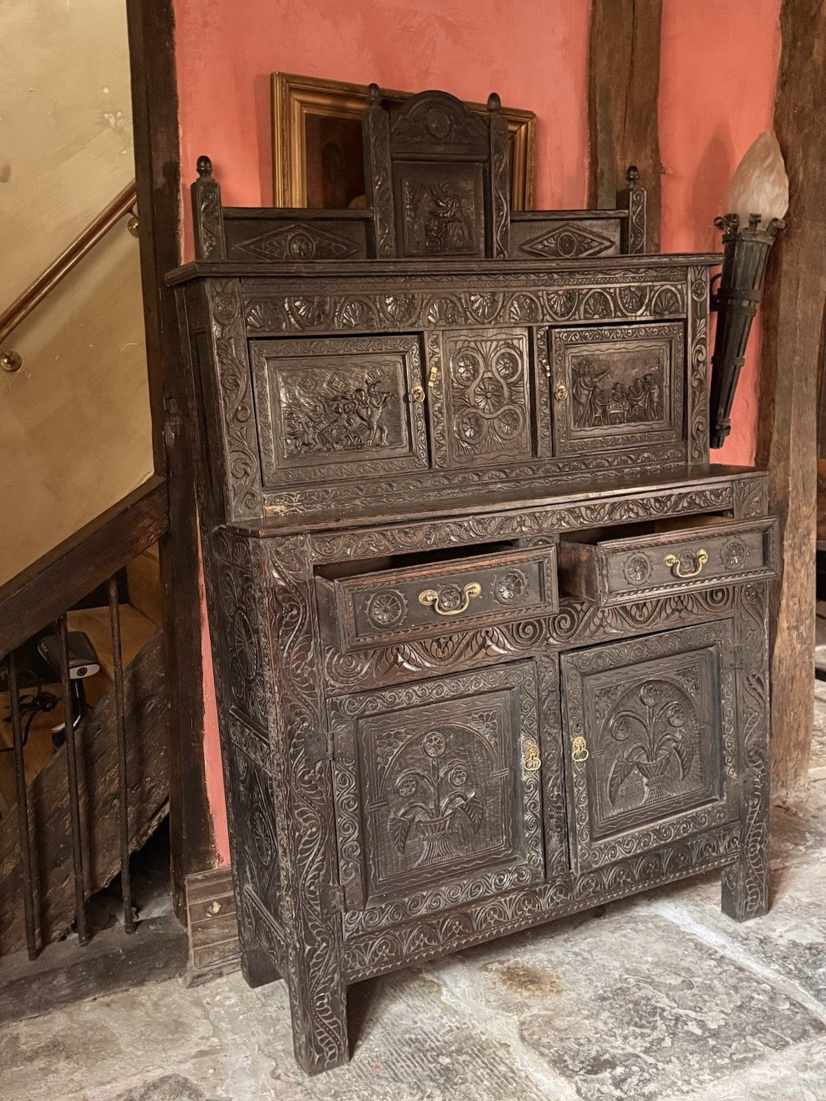 Rare Jacobean Antique Oak Hand Carved Folk Art Cabinet Buffet Cupboard 1600's photo Furniture