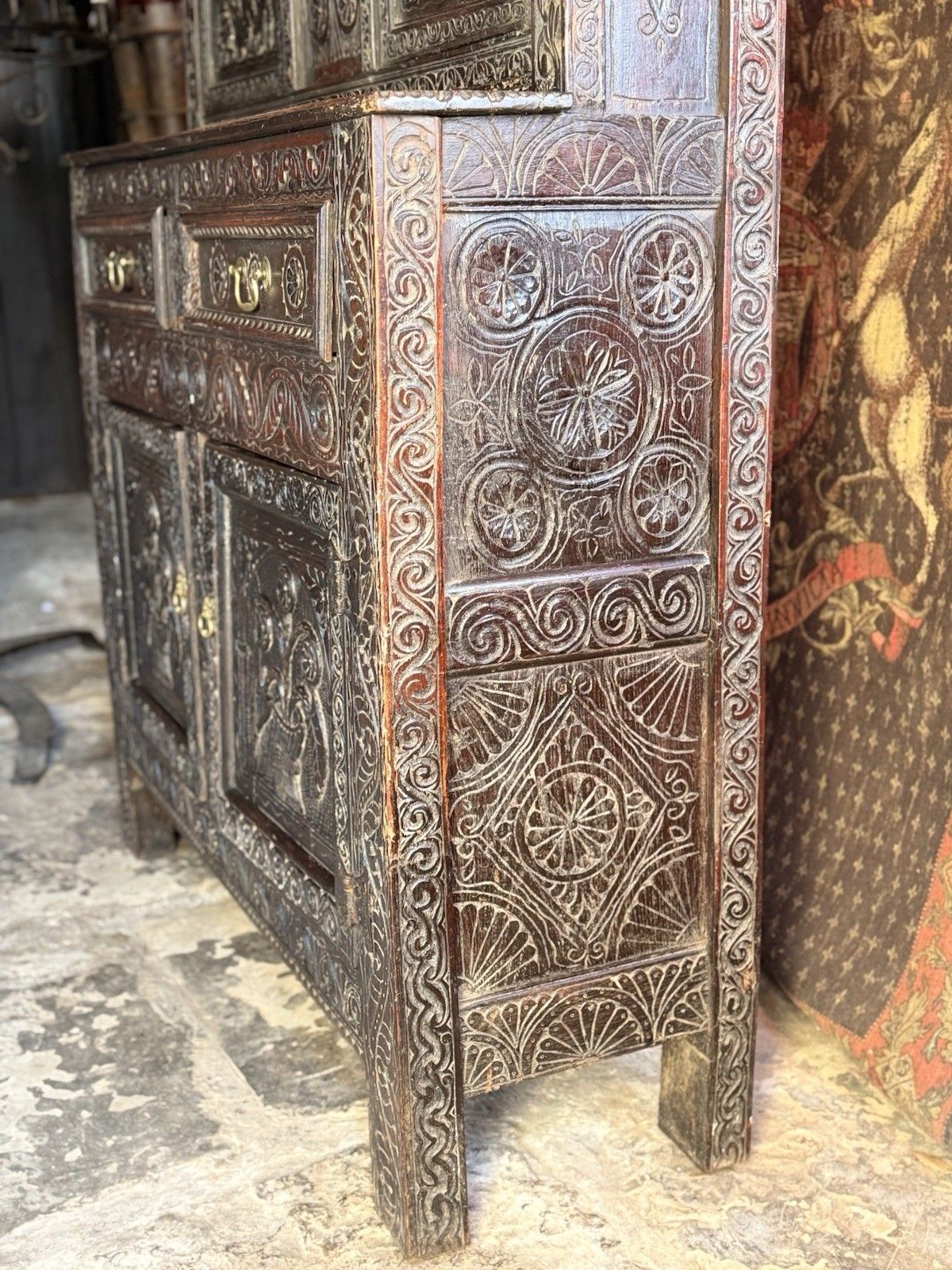 photo buy Rare Jacobean Antique Oak Hand Carved Folk Art Cabinet Buffet Cupboard 1600's