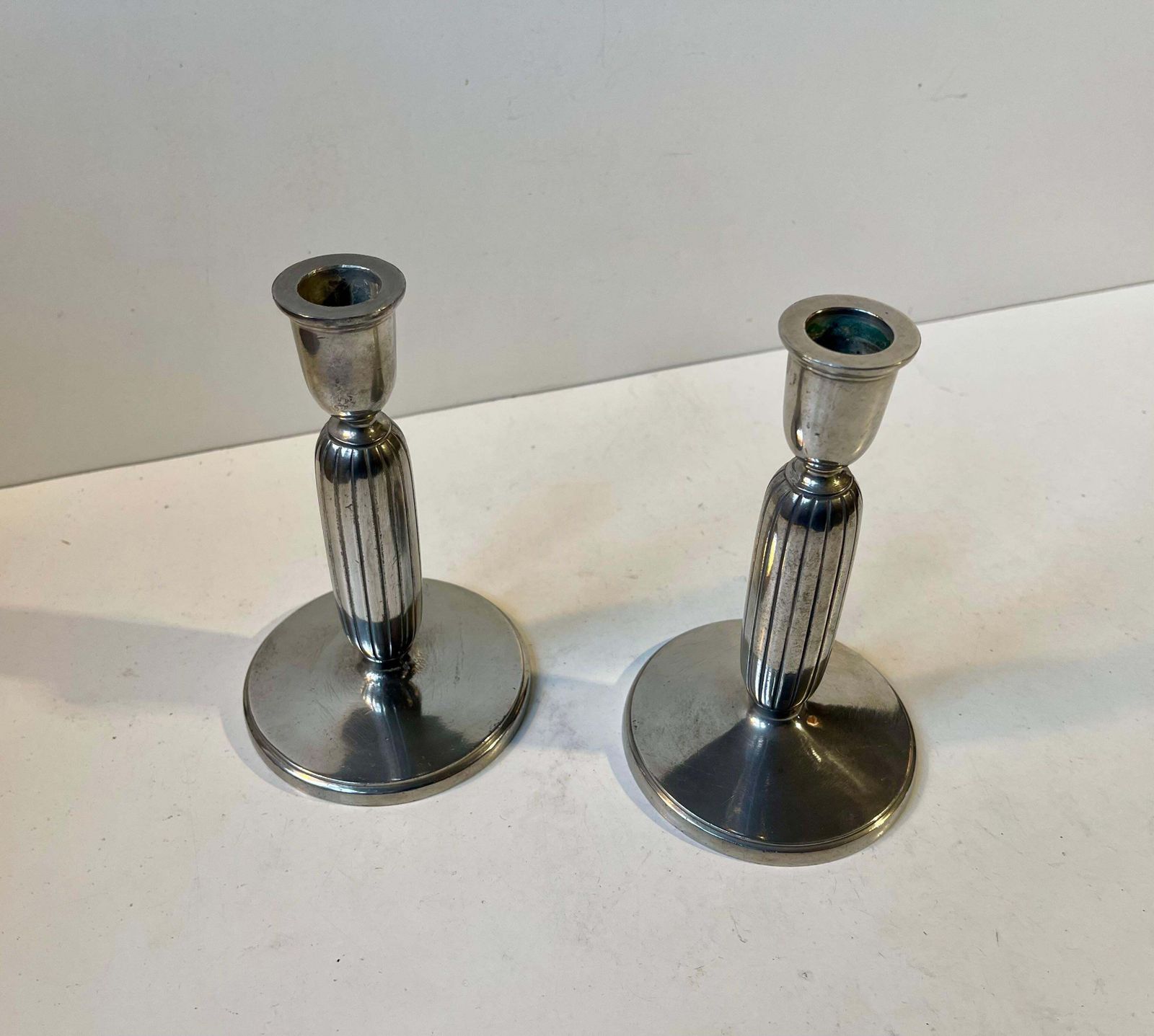 Just Andersen   A Pair Of Art Deco Column Candlesticks In Pewter, 1930s photo Home Decor