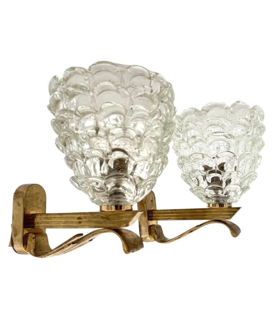 Two Pairs Of Art Deco 1940s Barovier And Toso Murano Glass And Brass Wall Sconces photo for sale