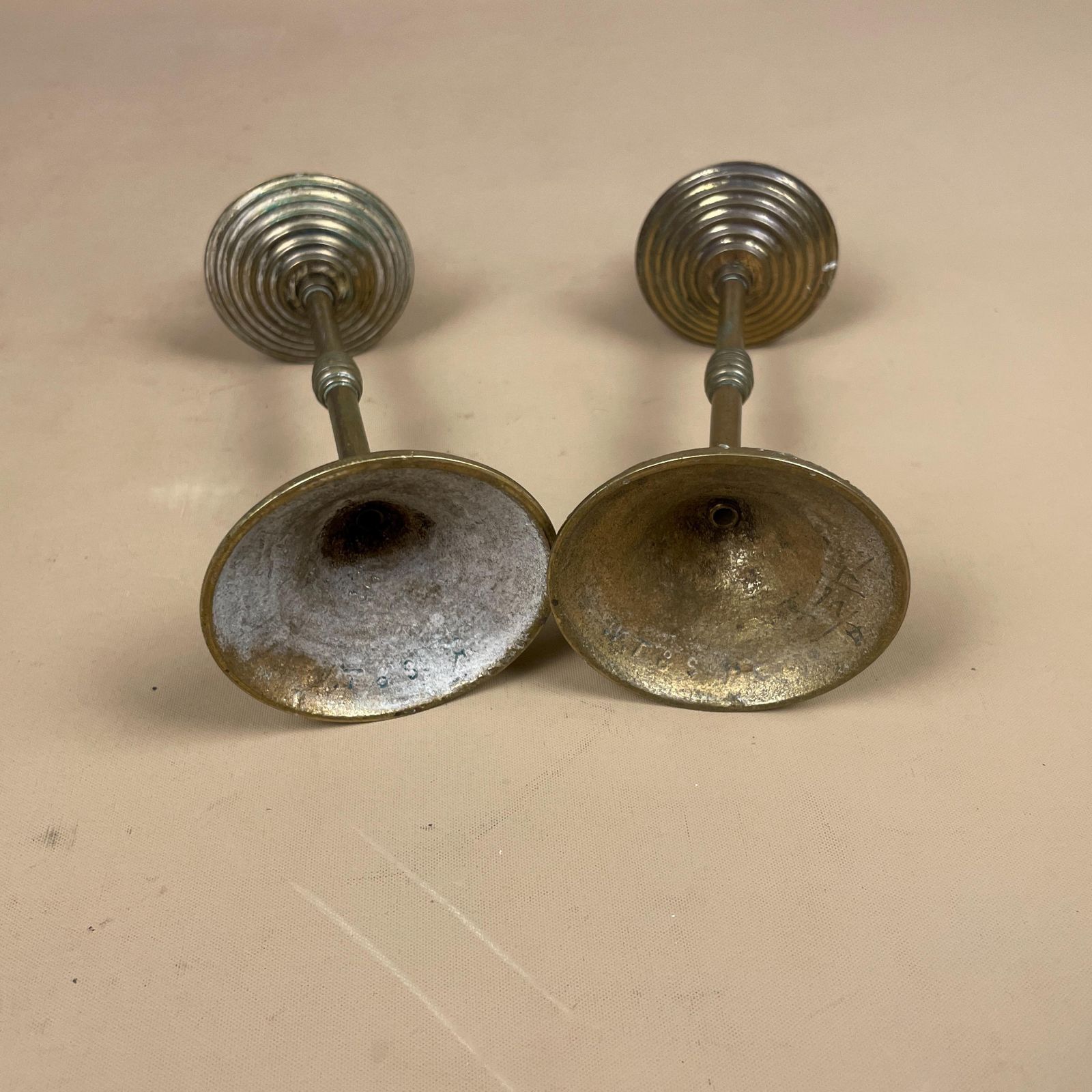 Antique Matching Pair Of Gold Brass Metal Candlestick Candle Stick Holders Vintage Taper Dinner Candlesticks Column Pillar Set Round Base photo vintage