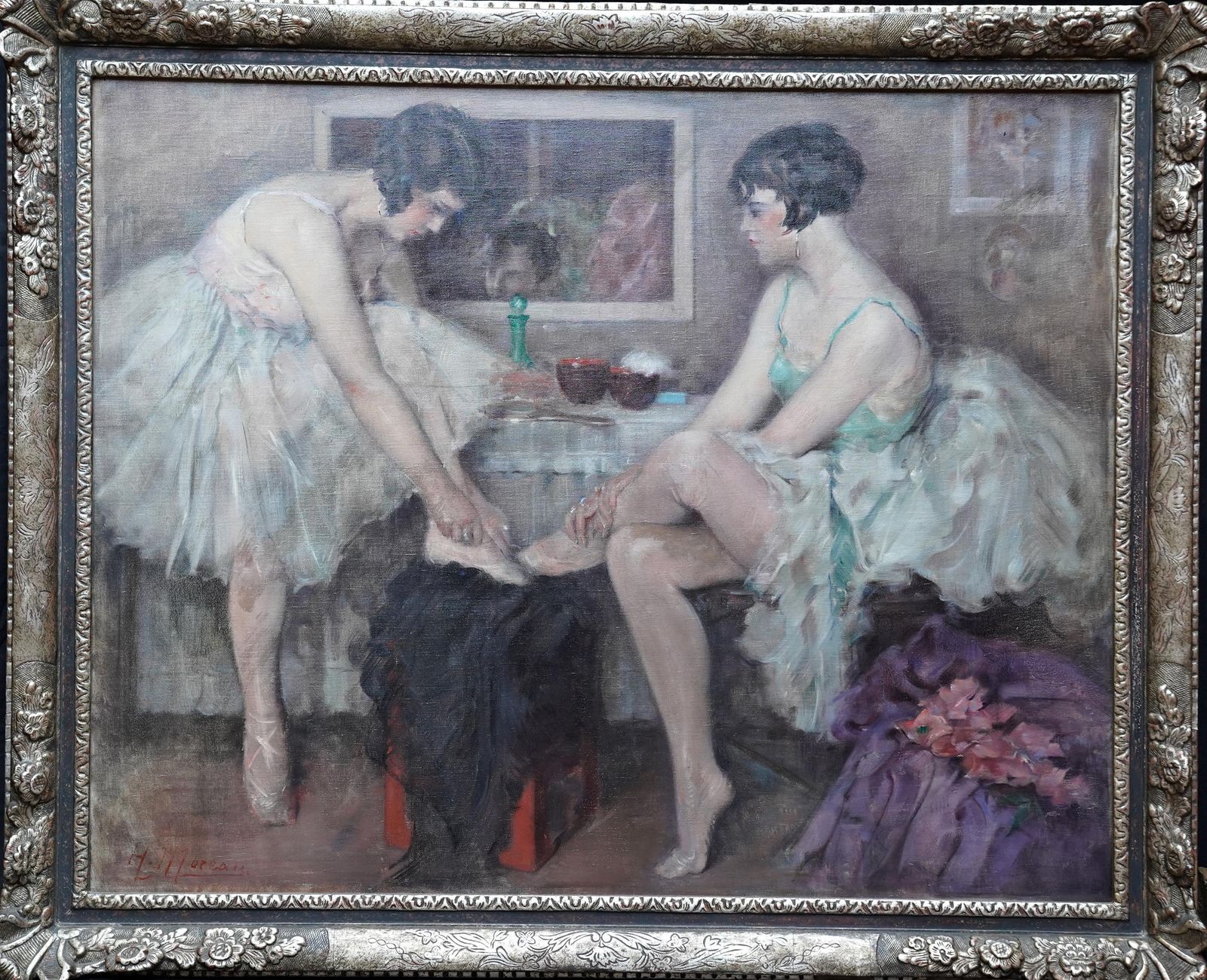 Henri Moreau Ballerinas Putting On Their Shoes   French Impressionist Art Oil Painting Ballet Circa 1920
