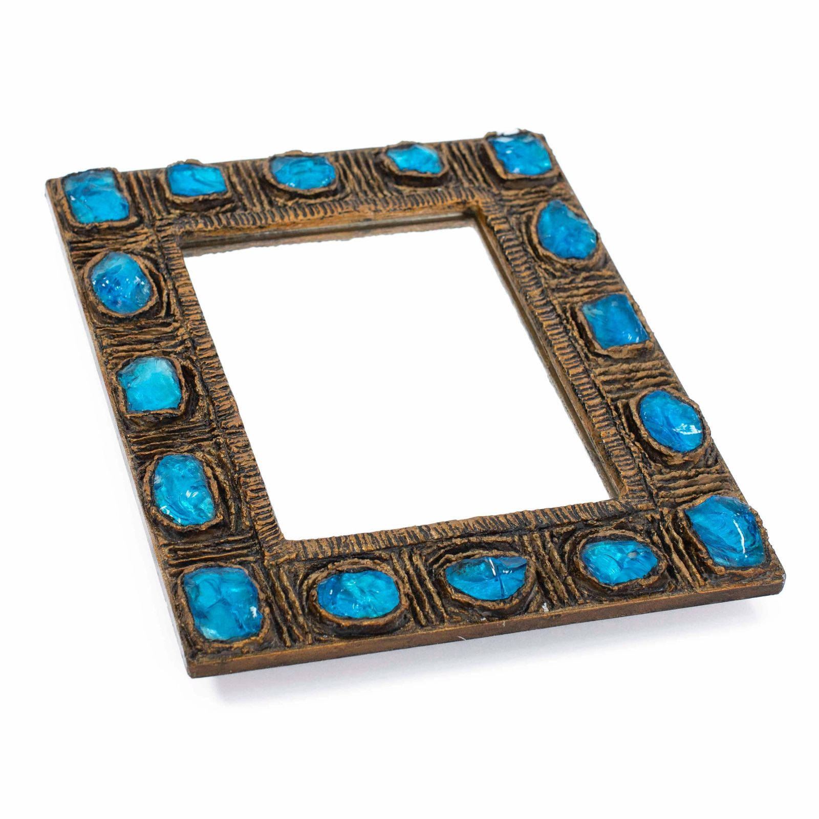 Italian Mid Century Brutalist Mirror Turquise Gold By Creaciones Gobesso, 1960s photo furniture