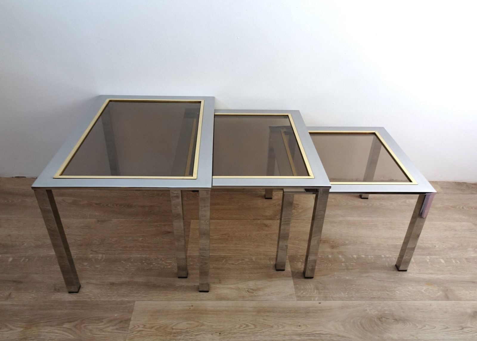 Vintage Italian Chrome Plated And Brass Nesting Tables, 1970s, Set Of 3 photo furniture