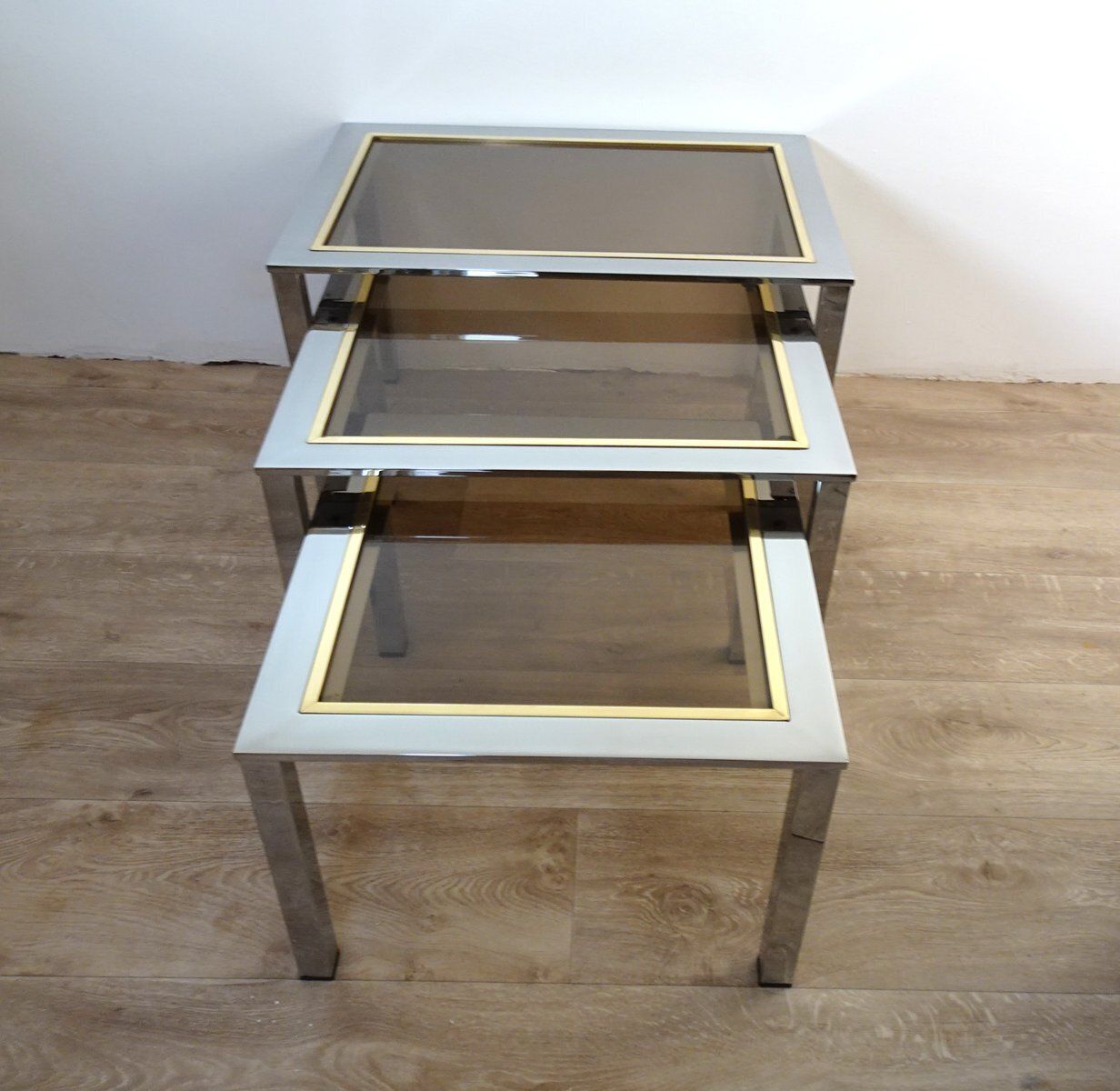 Vintage Italian Chrome Plated And Brass Nesting Tables, 1970s, Set Of 3 photo Furniture