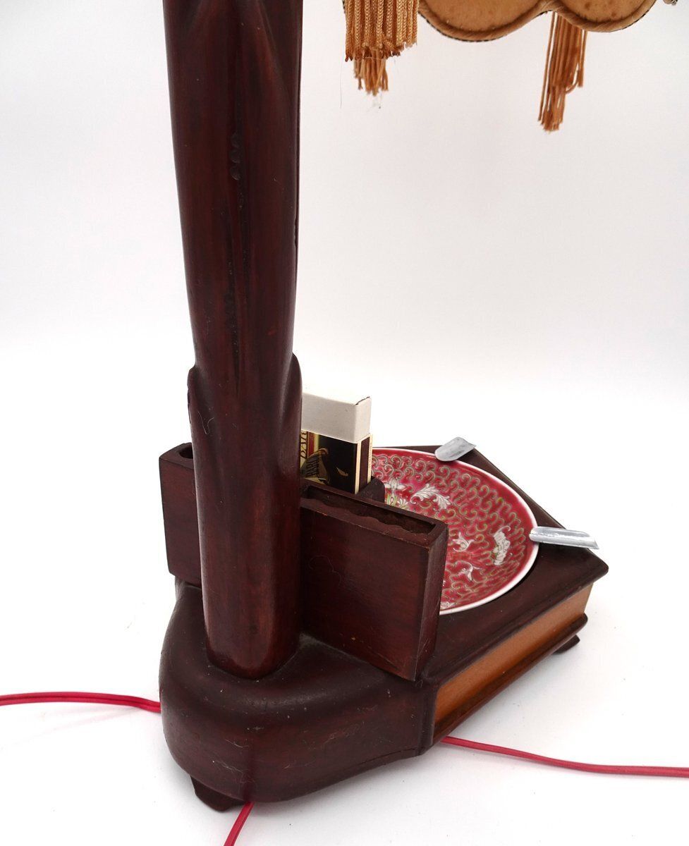 photo furniture Chinese Carved Wood Bird Lamp With Ashtray And Cigarette Holder, 1930s