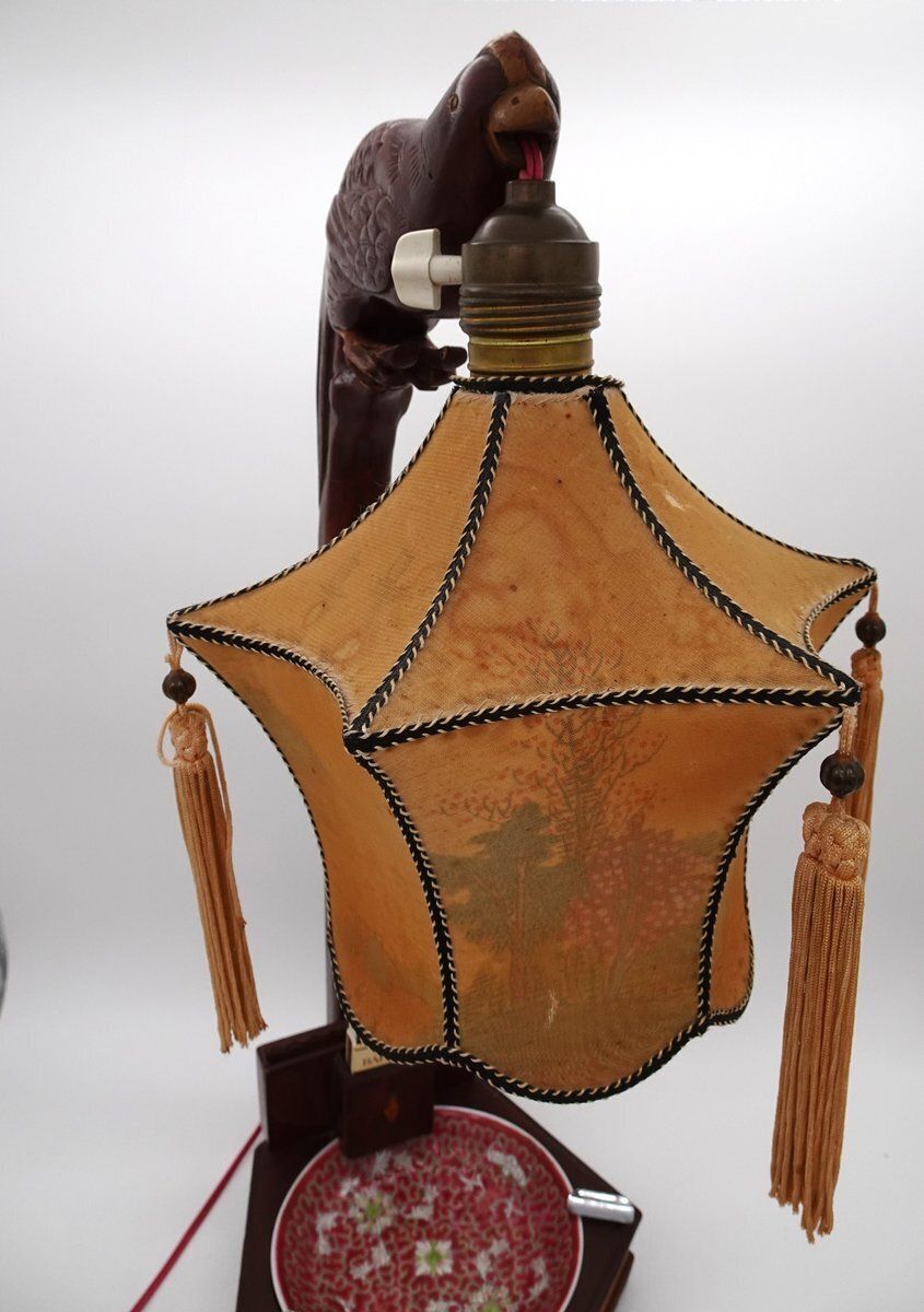 photo buy Chinese Carved Wood Bird Lamp With Ashtray And Cigarette Holder, 1930s