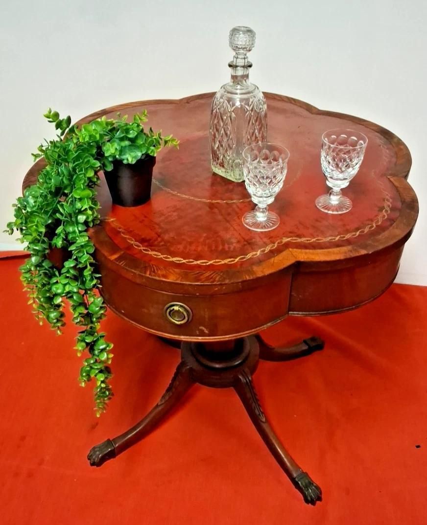 Antique Flower Shaped Top Occasional Table With Claw Feet Leather Inlaid Top