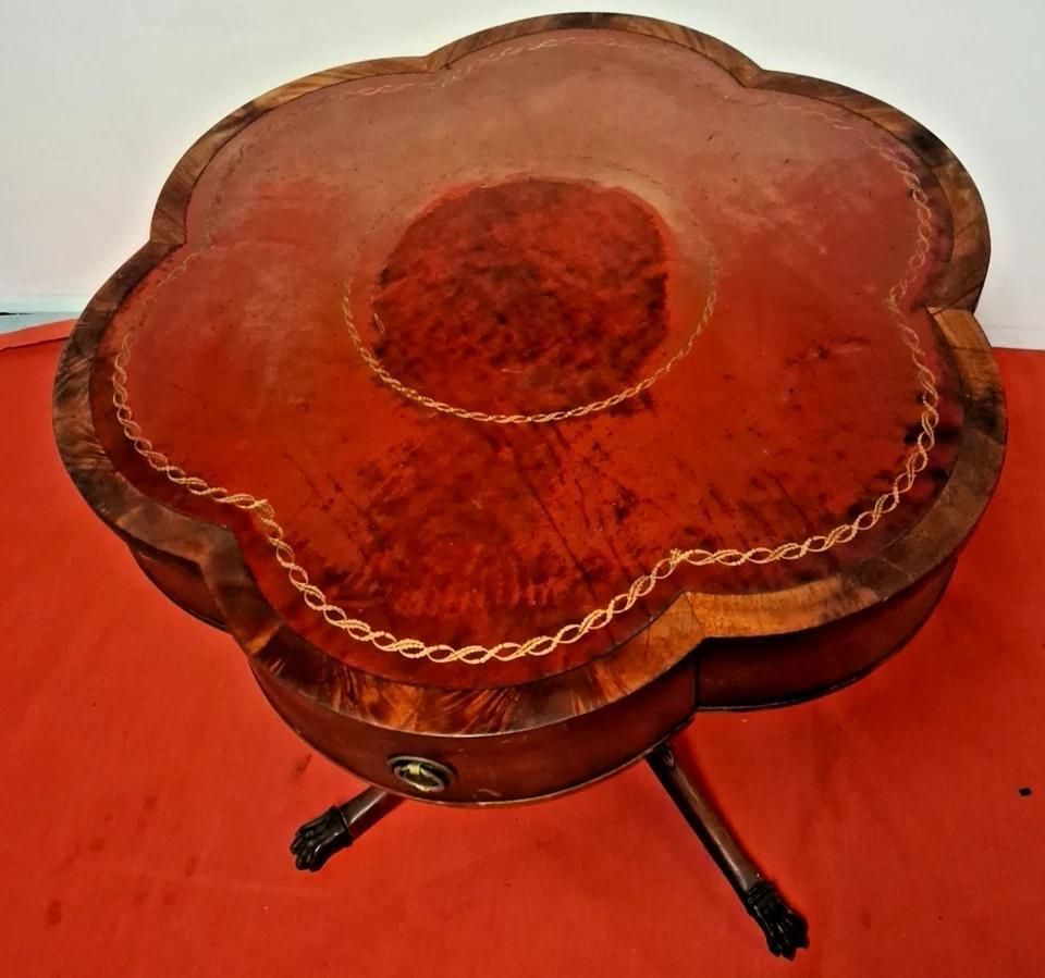 Antique Flower Shaped Top Occasional Table With Claw Feet Leather Inlaid Top photo furniture