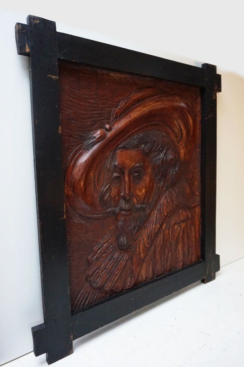 Hand Carved Wooden Bas Relief Portrait Of Peter Paul Rubens, 1950s photo buy